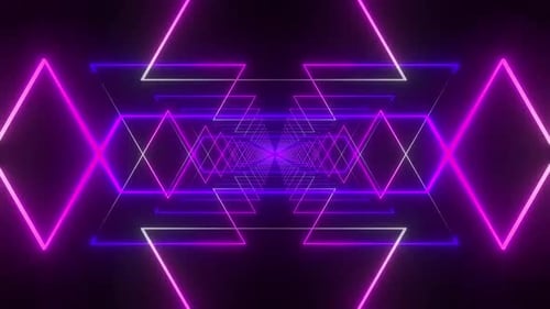 Tunnel géométrique dynamique au néon avec des lumières violettes et roses vibrantes