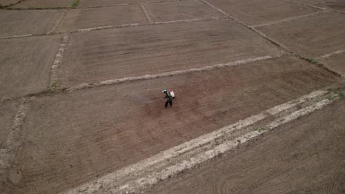 Top view of farmer manual agricultural spraying on land top prepared soil for planting and farming.