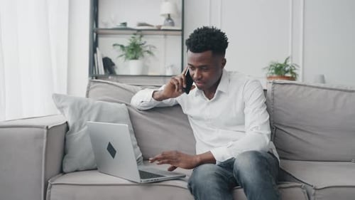 Busy Freelancer Working at Home Office Portrait of Black Man Calling By Phone African American Male