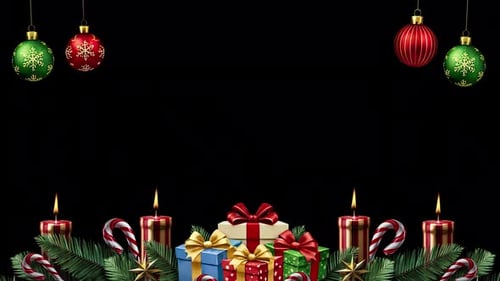 Festive Christmas Frame with Ornaments, Candles, and Gifts