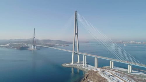Aerial Over the Russky Road Bridge Bridge Across the Eastern Bosphorus to Russky Island