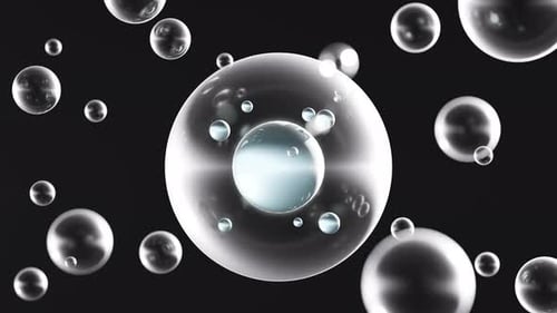 Dunkler Hintergrund mit transparenten sphärischen Blasen und DNA-Strängen 3D-Animation