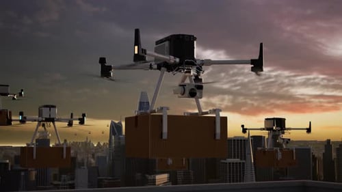 Start der Urban Drohne Delivery Fleet bei Sonnenuntergang