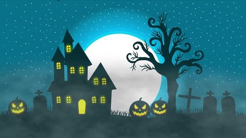 Animated Halloween Night Scene with Haunted House and Bats