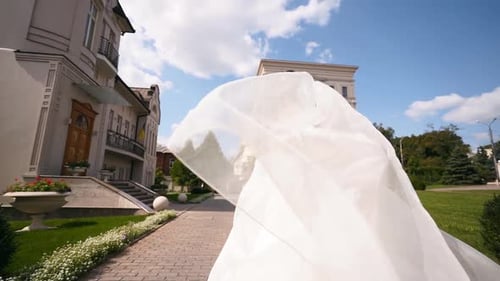 Alluring Woman Walks Down Path in Wedding Dress