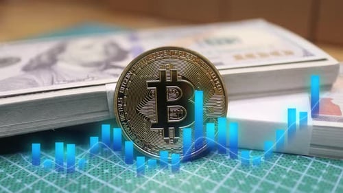 Gold Bitcoin with US Dollar Bills and Digital Chart Overlay.