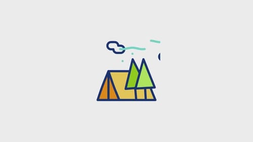 Animated Flat Design Camping Tent and Trees Icon