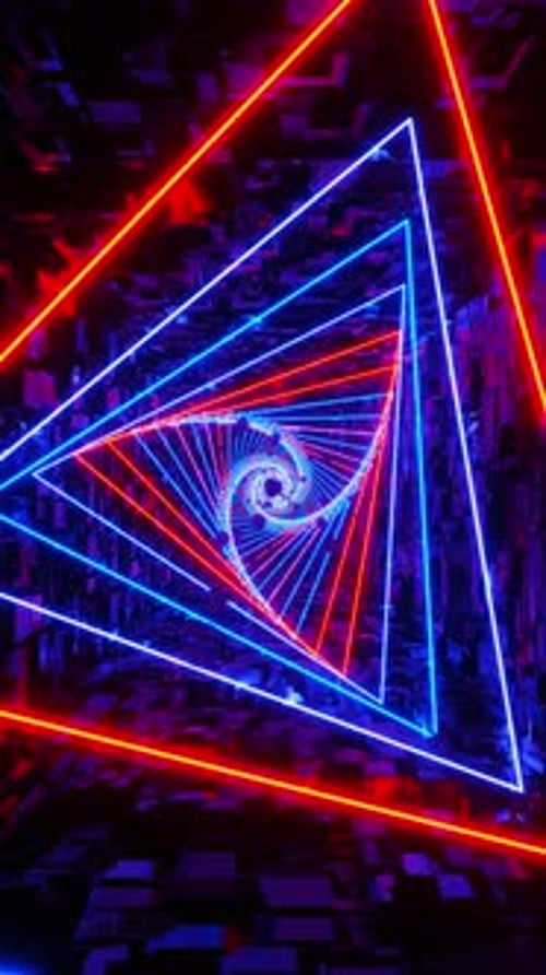 Vertical Glitter triangular tunnel with glass balls with colored glow triangles. Vj loop action back