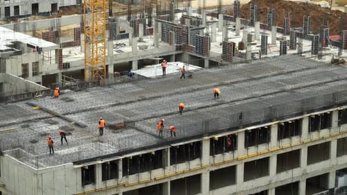 Time Lapse of Workers Work with Steel Concrete Reinforcement at Construction Site of Modern Building