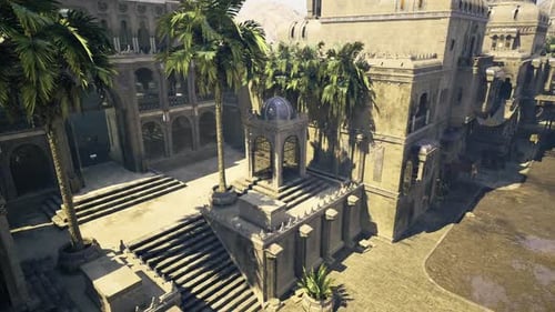 Ornate Staircase Leading to Elevated Terrace Under Warm Sunlight