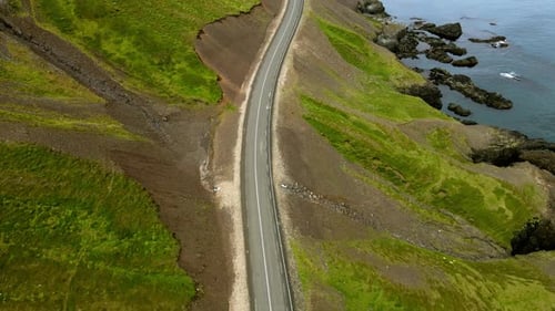 Aerial view of road alongside sea, Iceland.