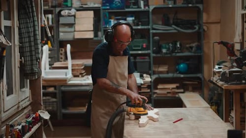 Man Sands Wooden Shape in Workshop with Tool