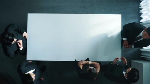 Top view of business team discuss while manager enter meeting. Directorate.