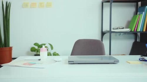 Empty Modern Office with Laptop on Desks Workplace Interior Indoors Work Furniture Creative New Slow