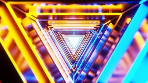 Futuristic triangle tunnel with light lines moving fast, loopable animation