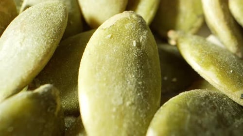 Fresh green pumpkin seeds, showing their varied sizes and shapes.