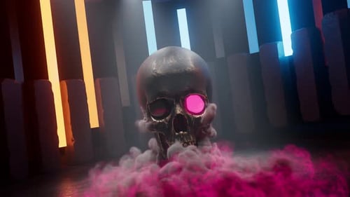 3D Skull Animation with Neon Lights and Pink Smoke