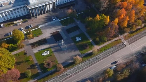 Summer sunny provincial town taken from a bird's-eye view. Clip. Beautiful landscapes of a daytime