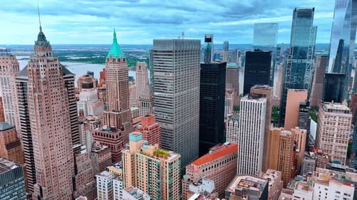 Stunning skyscrapers built closely to each other in the modern metropolis Drone flight over New York