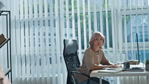 Two Coworkers Informal Communication in Office Closeup Happy Managers Talking