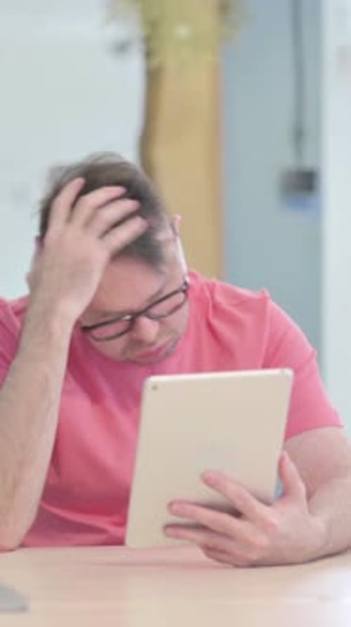 Adult Male Using Tablet, Reacting with Frustration