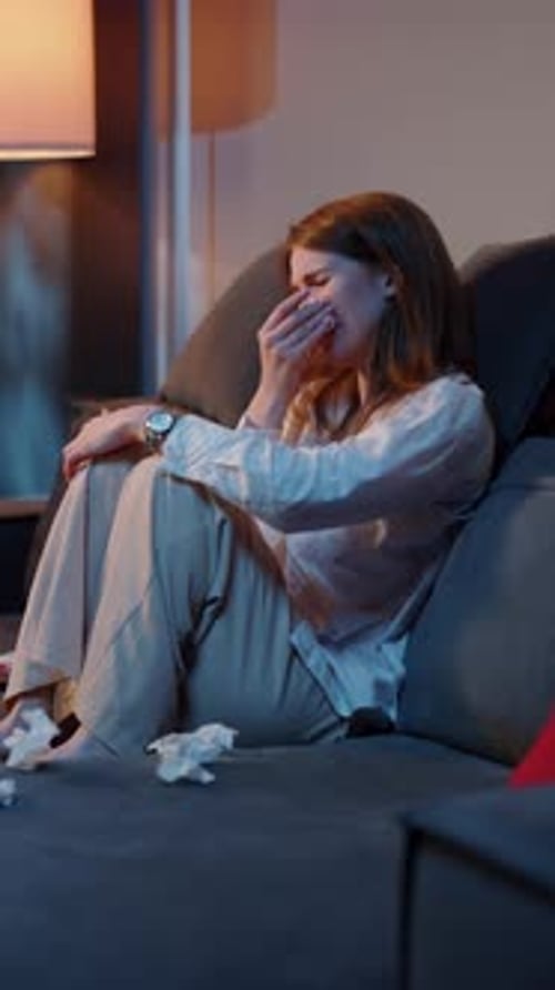 Woman Crying While Watching TV on Sofa