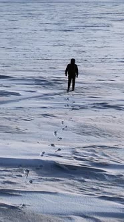 From the Sky a Single Person Walks Through a Frozen Desert in Crisp FHD Aerial Footage