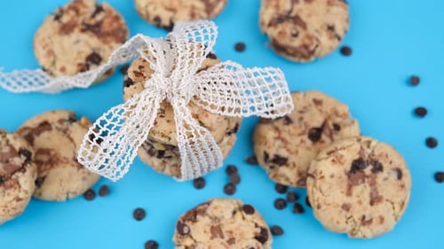 Chocolate Chip Cookies on Bright Blue Background