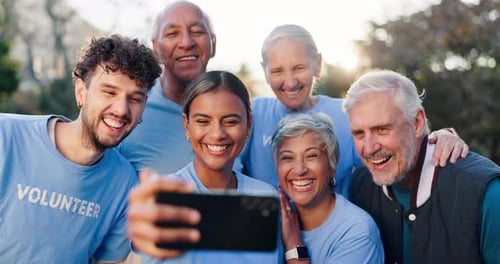 People, volunteer and happy in park with selfie for teamwork, collaboration and outreach program