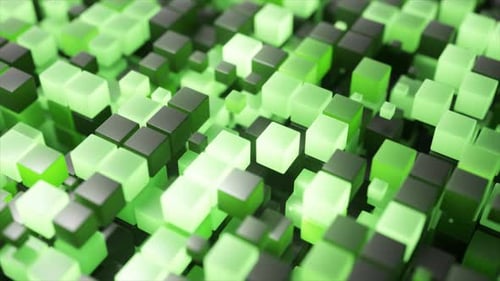 Dynamic Geometric Pattern Featuring Green and Black Cubes Shifting and Transforming with Mesmerizing