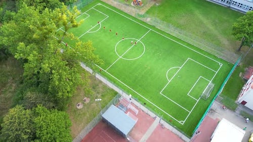 Aerial Top Down View of Soccer Football Field. Stadium. Football field. Soccer. Outdoor games. Team