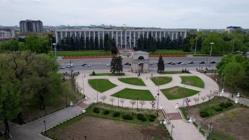 Panoramic aerial drone view of Triumphal Arch, Great National Assembly Square