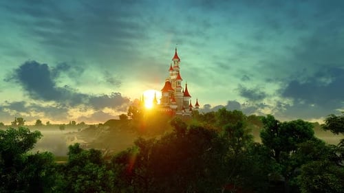 Fairytale Castle On Top Of A Hill Surrounded By Forest.