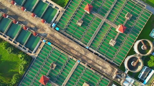 Drone flying over a wastewater treatment plant
