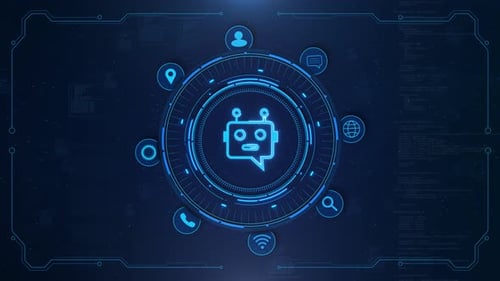 Futuristic AI Chatbot HUD with Rotating Technology Icons