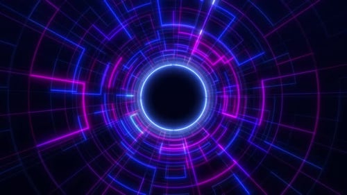 Digital futuristic tunnel or travel through time and space at high speed, moving bright neon lines.