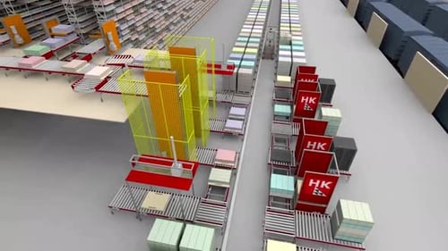 Automated warehouse with colorful boxes on conveyor belts