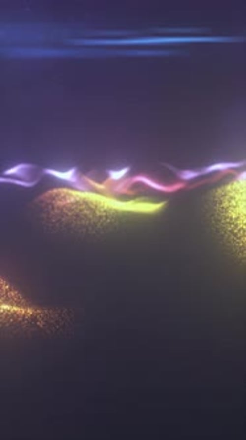 Des ondes vibrantes de particules forment un terrain lumineux sous des traînées dynamiques de néon