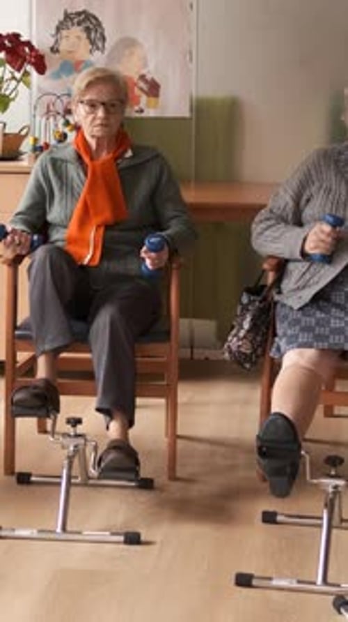 Senior Men and Women Doing Pedal Exercises and Lifting Dumbbells at Rehabilitation Center