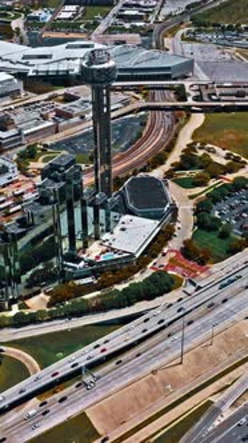 Vertical view of Dallas skyline highlighting urban developments and roads