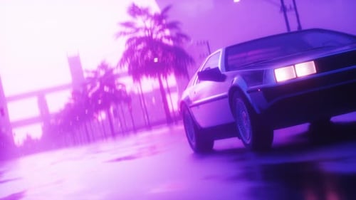 Car Riding On Endless Road With Cityscape View Synth Wave Style Backdrop