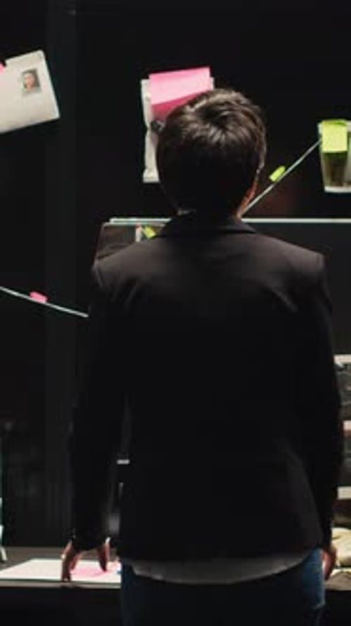 Investigator Reviewing Detective Board in Urban Setting