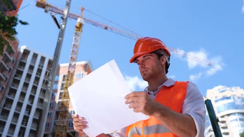 Construction Worker Reviewing Plans on Site
