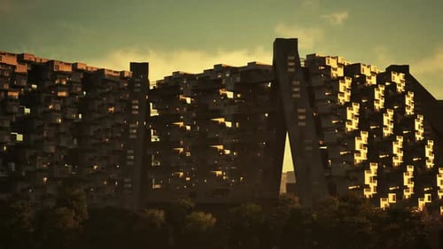 Obra maestra de la arquitectura urbana iluminada por la puesta de sol al anochecer