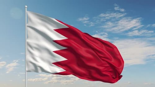 Bahrain Flag Waving in Realistic Style With Blue Sky