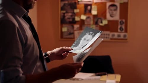 Close Up in the Detective's Office Middleaged Investigator in a Shirt and Tie Examines with a