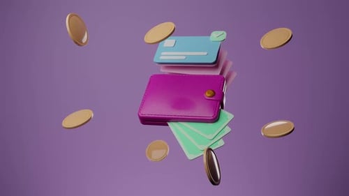 Dynamic cash flow video with coins, cards, wallet on lavender background