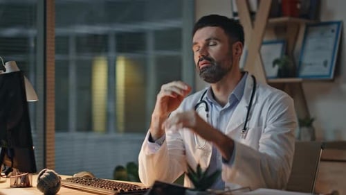 Doctor Analyzing Patient Scan in Medical Office Closeup Upset Man Thinking