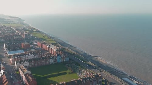 Aerial view of Cromer coastline and pier, showcasing a charming seaside town in Norfolk