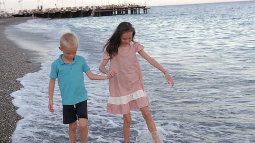 Brother and Sister Have Fun and Play on the Beach He Walks Along the Shore